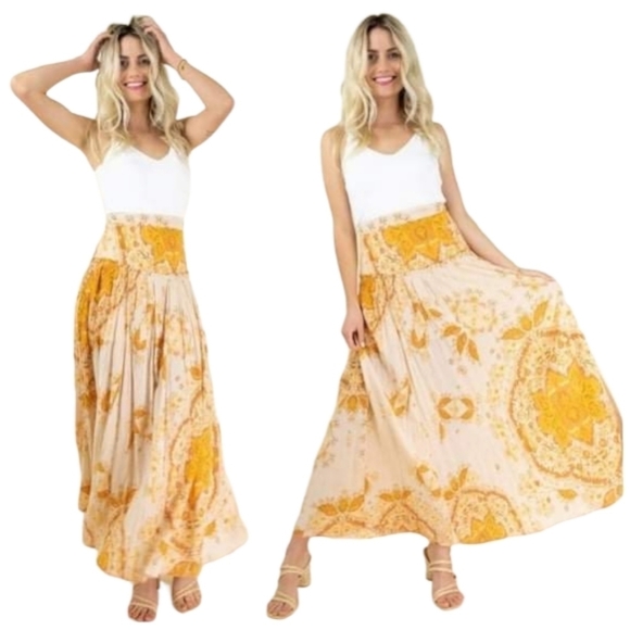 Free People Farrah Drop Waist Maxi Skirt Printed Tiered Ivory Combo Size 0 - Picture 7 of 12